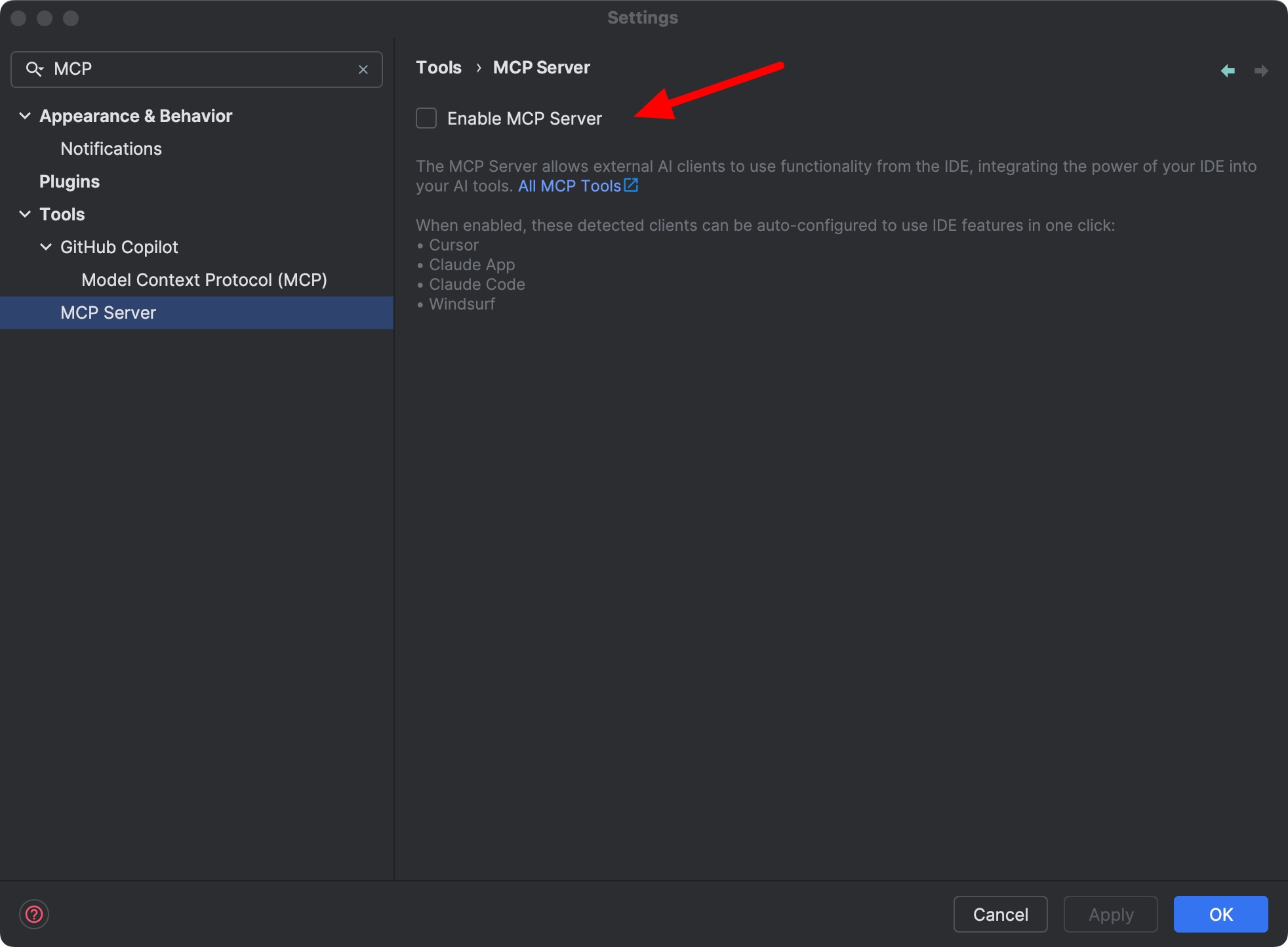 Enable MCP Server in JetBrains IDE Settings